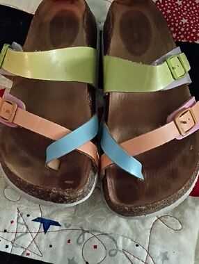 Colorblock Strappy Sandals in Pastel Green, Blue & Peach